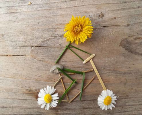 Fahrradfahrer aus Gras, Gänseblümchen und Butterblume