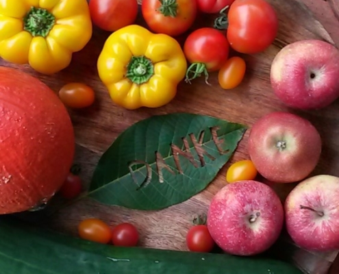 Erntedank feiern - Danke - Walnussblatt - Tomaten - Äpfel - Kürbis - Paprika